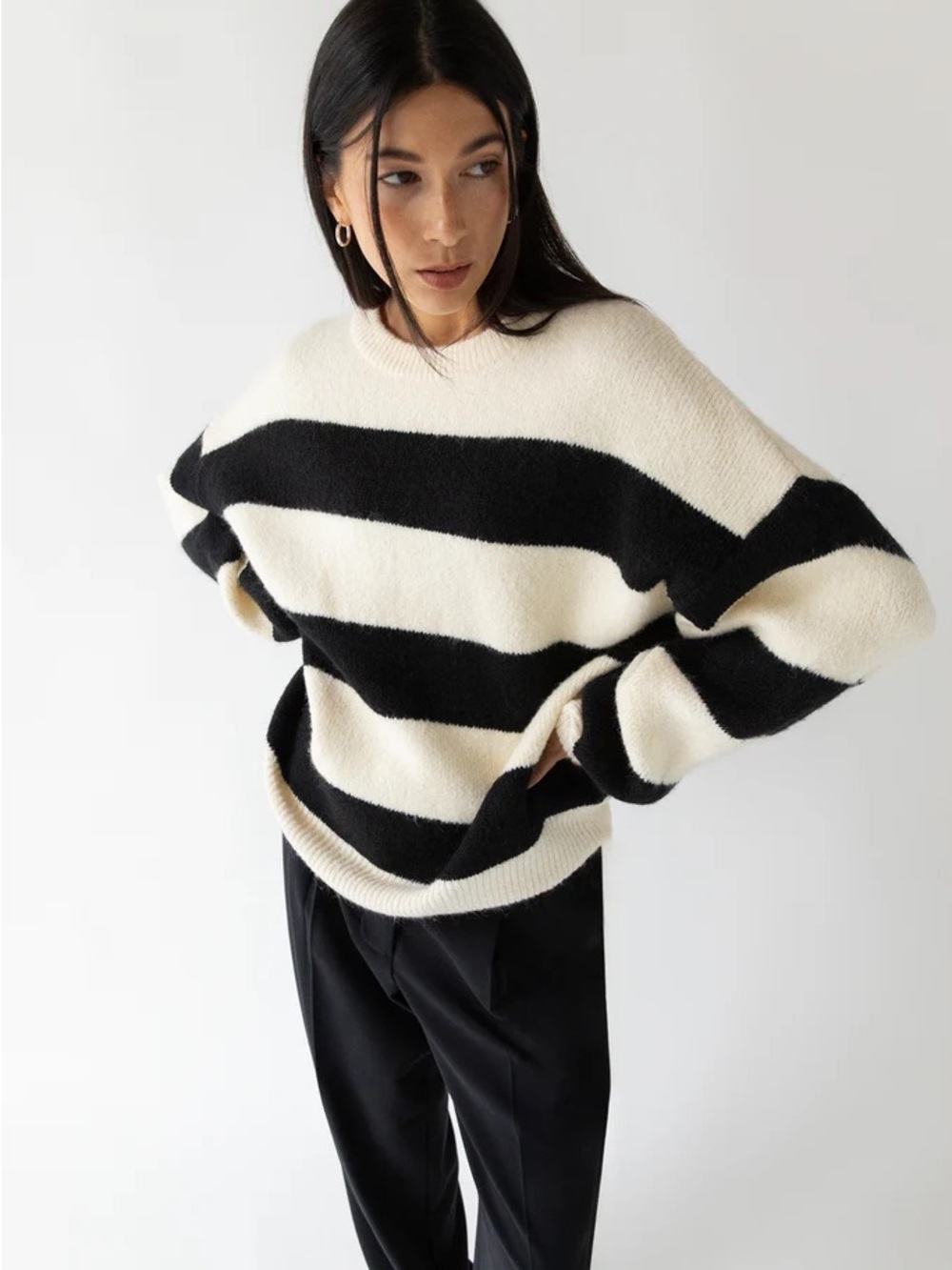 OAK + FORT Striped Crewneck Sweater in Cream and Black